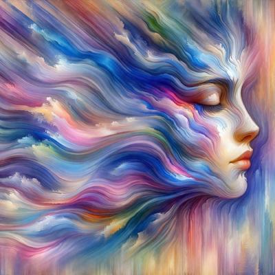 The primary subject of the image is a woman's face, which is the main focus of the painting. The setting is a cloudy sky, with the woman's face positioned in the middle of the scene. The visual style is a painting, which is a form of digital art. The colors and mood of the painting are vibrant and lively, with the woman's face being the central point of interest.